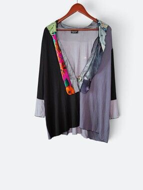 Vintage Lee Andersen Boho Art-To-Wear Satin Trim Mosaic Hankerchief Cardigan L